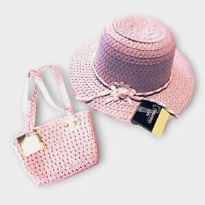 Girls Sun Hat And Purse Pink Woven Straw With Spring Flower Details Dress Up